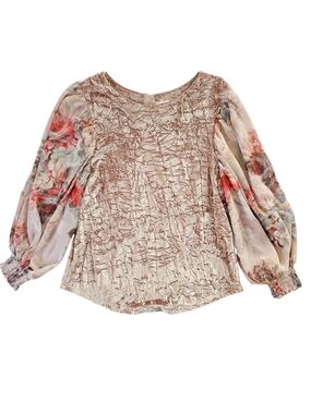 Anthropologie Meadow Rue Blush Velvet Top with Floral Sheer Balloon Sleeves